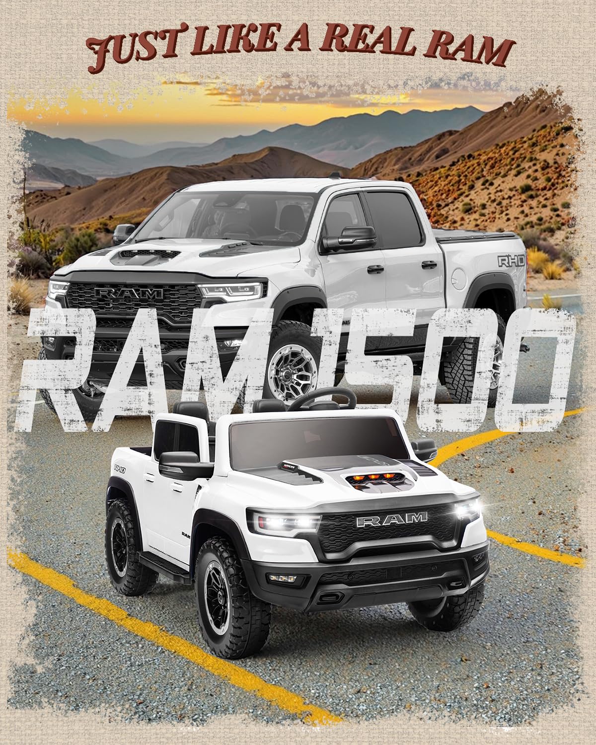 First Ride On 2 Seater Electric Car for Kids, Licensed RAM 1500 RHO 24V Ride on Truck w/Remote Control, Kids Ride on Toys w/Bluetooth, LED Lights, Spacious Truck Bed, Gear Shifter