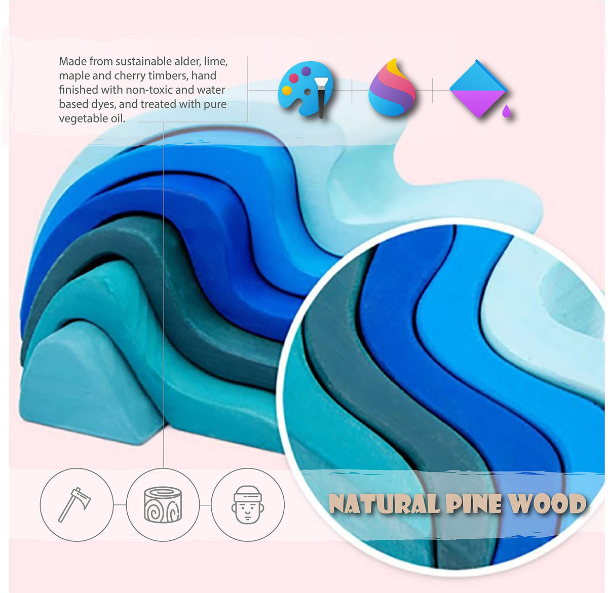 'Four Elements' Rainbow X-Large Rainbow Blocks, Wooden Toys for Kids, Geometric Building Puzzle, Volcano/House Educational Set