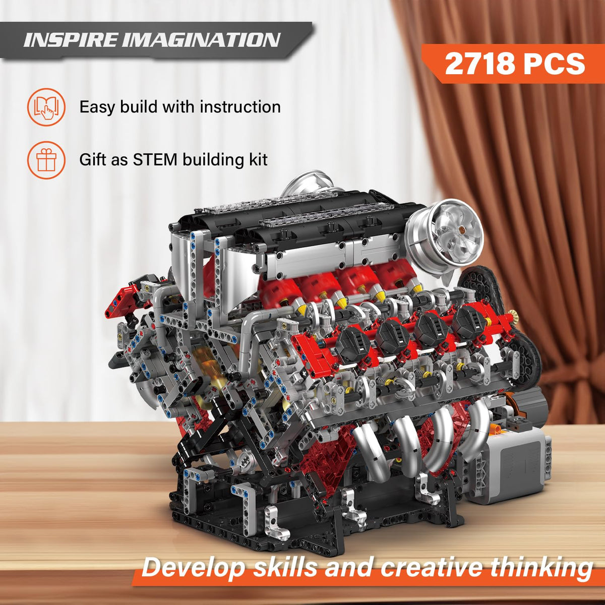 Voltz Toys DIY Mini Engine Model Kit V8 Engine Version– 2718-Piece STEM Building Set for Teens & Adults, Functional Project and Educational Hobby Gift (3.9L V8 Engine)