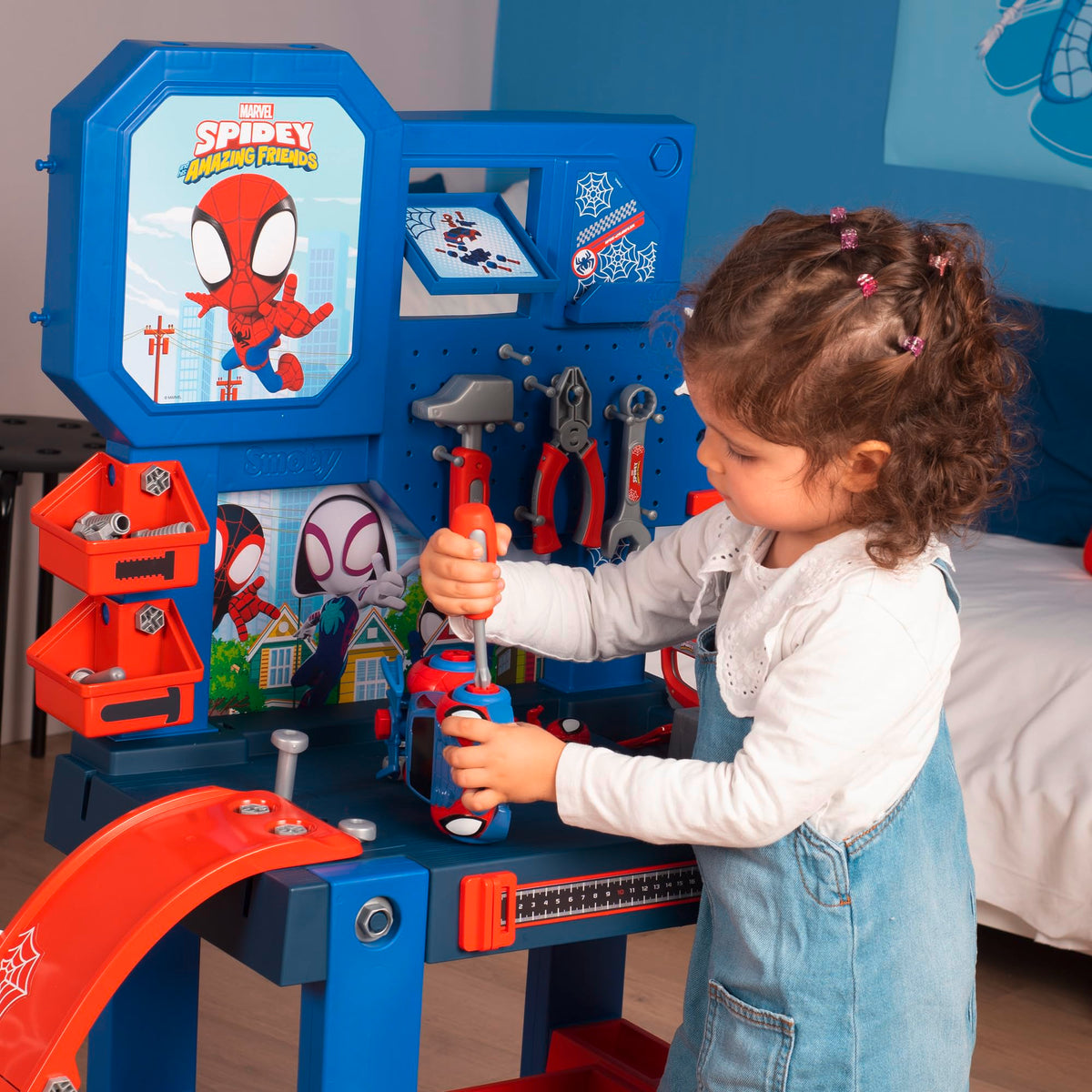 Smoby 7600360729 Workbench DIY Center Spidey, Launch Ramp and Tools, Build Your Spidey Car, 90 Accessories, Toys Boys Girls 3 Years