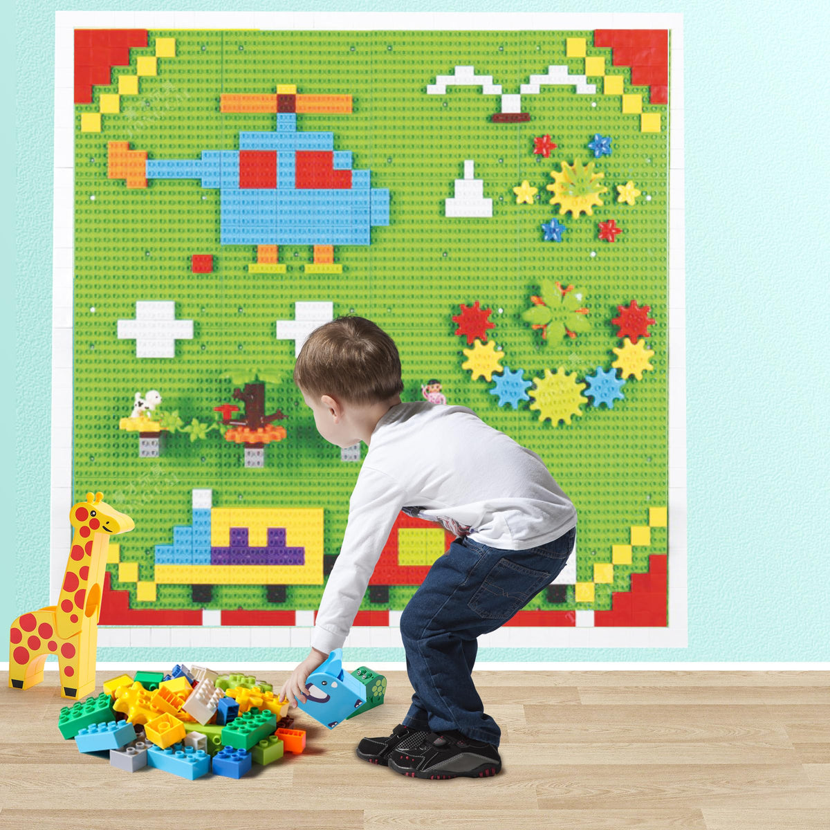 Building Blocks on Wall or Table - 8 pc (10"x20") Self-Adhesive Wall Baseplate, 812 pcs Blocks with Gears and Marble Run Marble Track Kids Toys - STEM Building Toys Activity Wall with Toy Storage