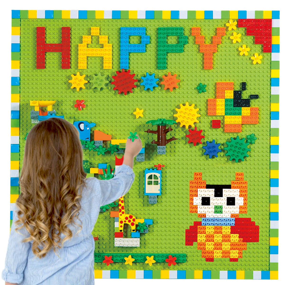 Building Blocks on Wall or Table - 8 pc (10"x20") Self-Adhesive Wall Baseplate, 812 pcs Blocks with Gears and Marble Run Marble Track Kids Toys - STEM Building Toys Activity Wall with Toy Storage