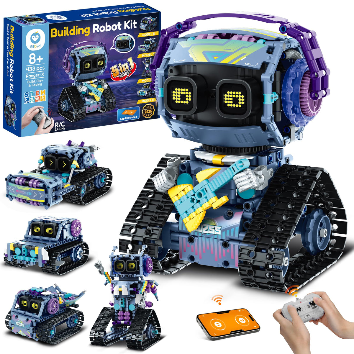 Sillbird Bundle - 2 Items Robot Car Building Kit with Remote Control Christmas STEM Gifts for Boys Ages 8-14, Technic Coding Stunt Racer Toys for Kids Birthday, Buildable 5in1 Models