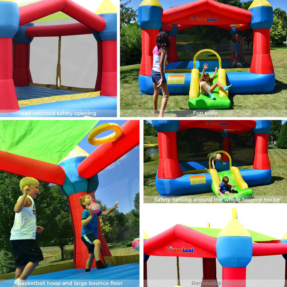 Bounceland Inflatable Party Castle Bounce House Bouncer, 16 ft L x 13 ft W x 10.3 ft H, Basketball Hoop, Removable Sun Roof, UL Strong Blower included, Fun Slide and Bounce Area, Castle Theme for Kids